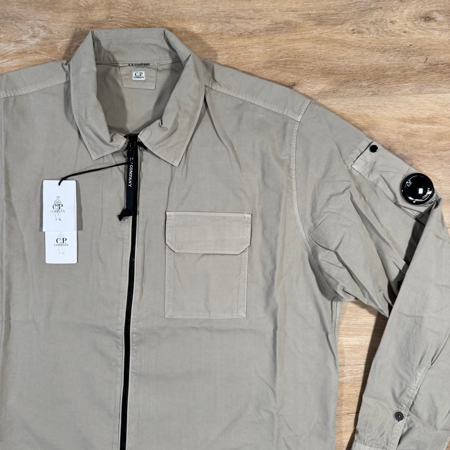 C.P. Company Organic Gabardine Lens Overshirt in Vintage Khaki