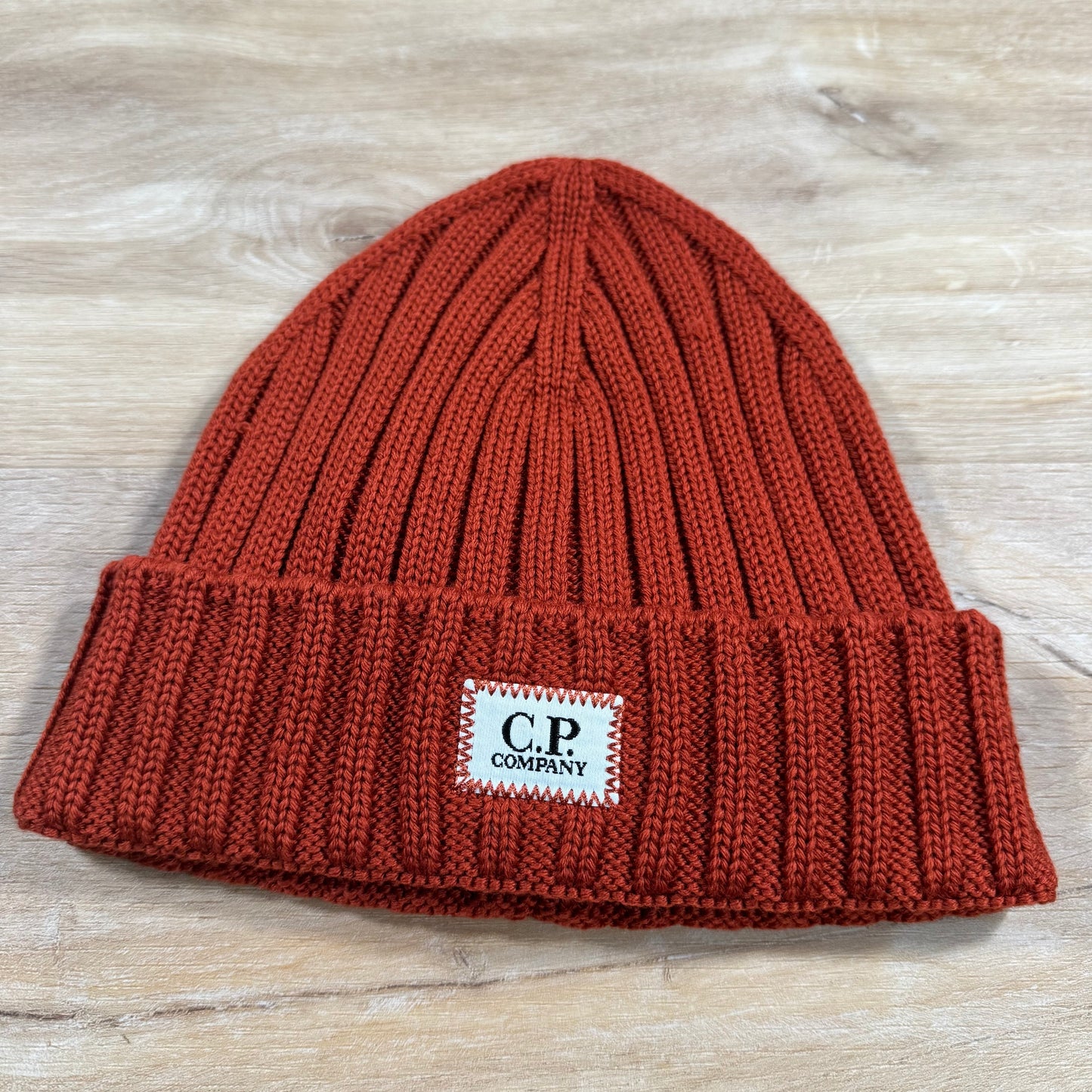 C.P. Company Extra Fine Merino Wool Logo Beanie in Bombay Brown