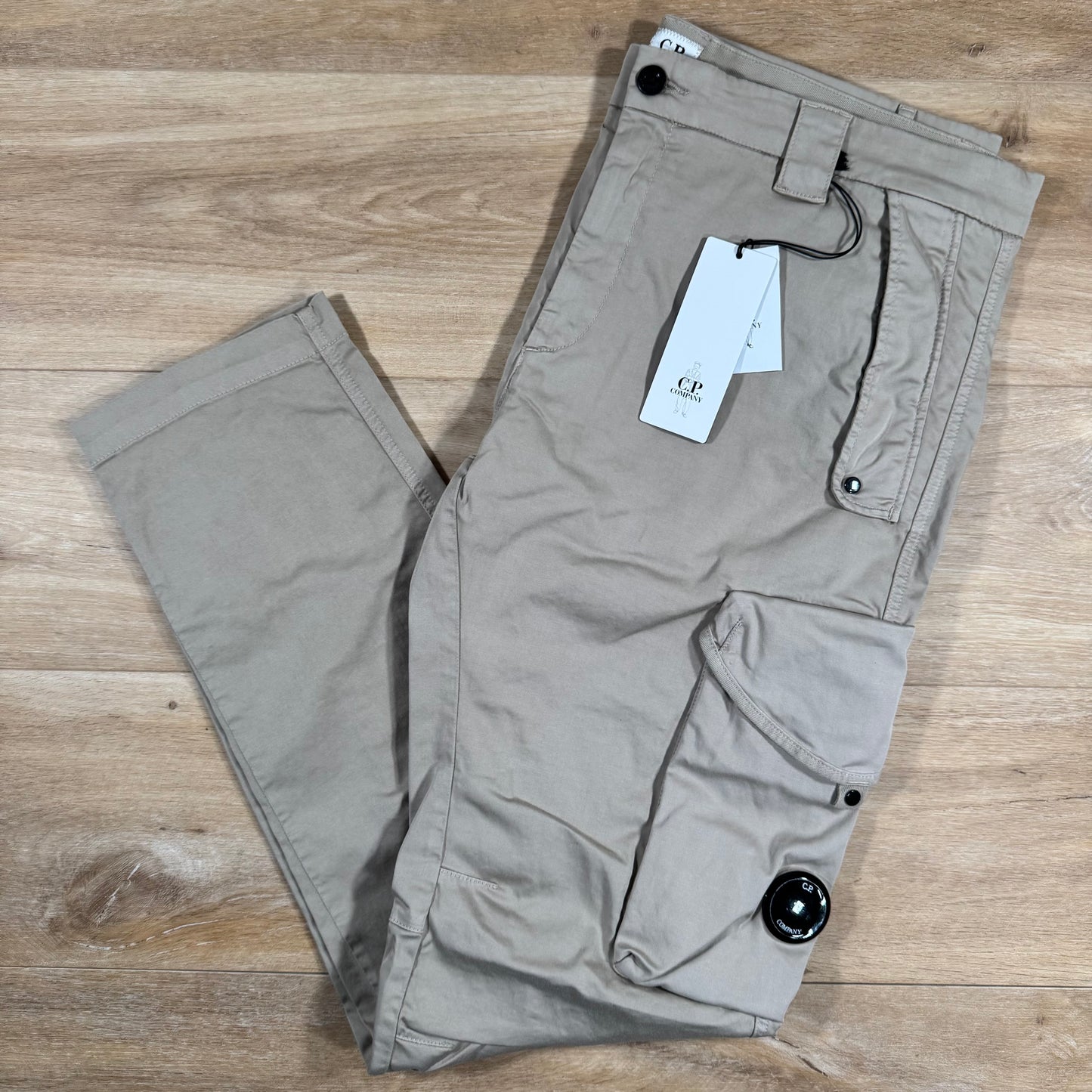 C.P. Company Stretch Sateen Utility Cargo Lens Pants in Vintage Khaki
