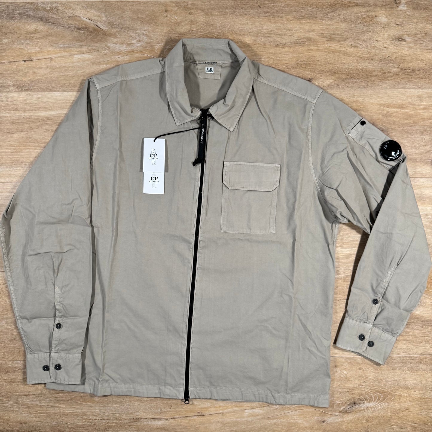 C.P. Company Organic Gabardine Lens Overshirt in Vintage Khaki