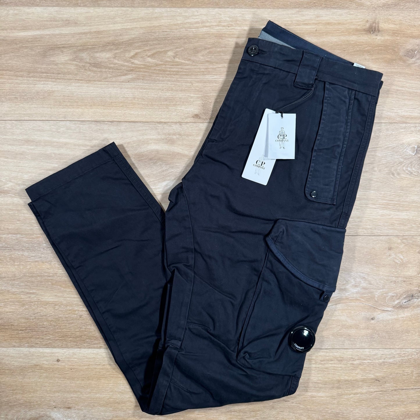 C.P. Company Stretch Sateen Utility Cargo Lens Pants in Navy