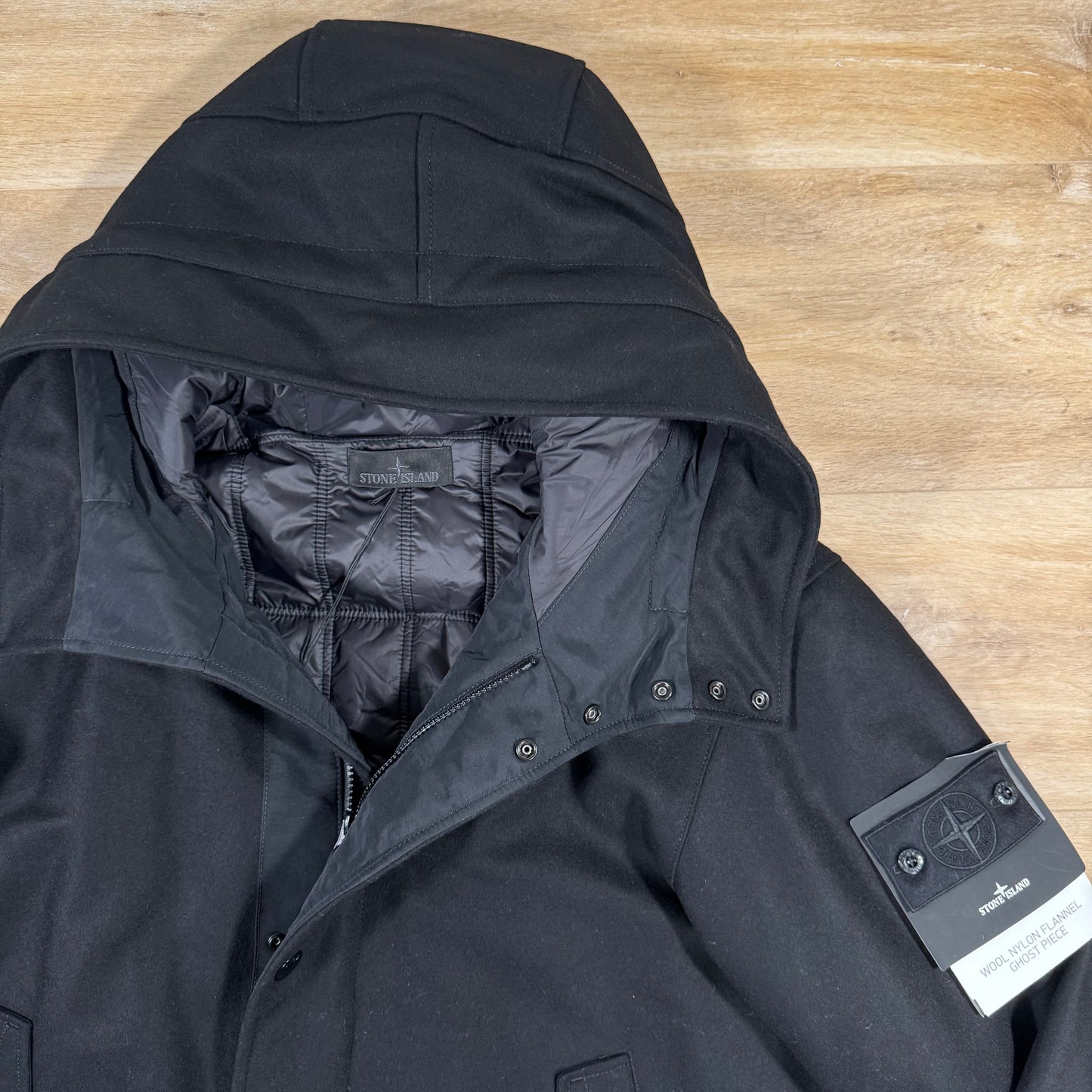 Stone Island Ghost Wool Nylon Flannel Parka in Black