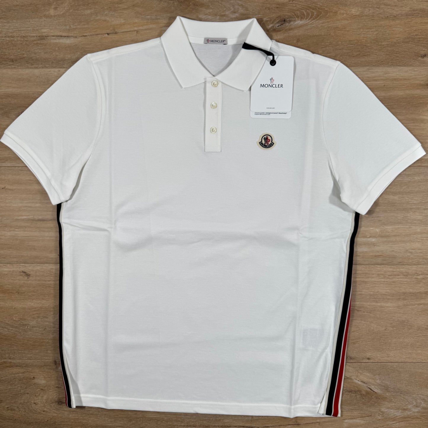 Moncler Striped Trim Cotton Piquet Polo Shirt in White
