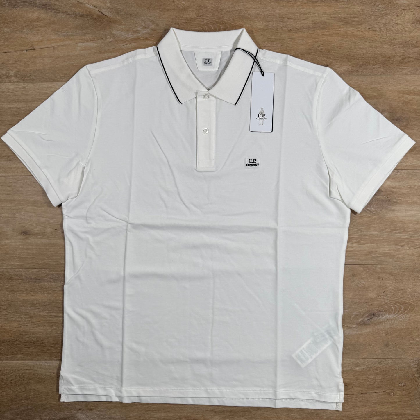 C.P. Company Stretch Piquet Striped Collar Polo Shirt in Gauze White