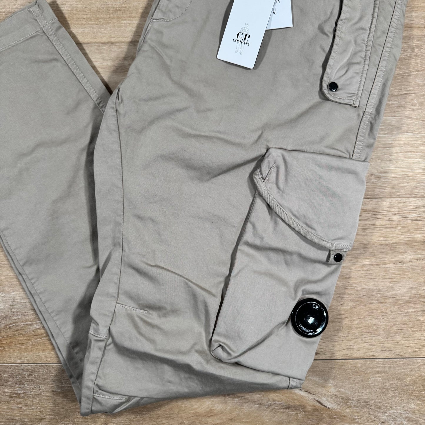 C.P. Company Stretch Sateen Utility Cargo Lens Pants in Vintage Khaki
