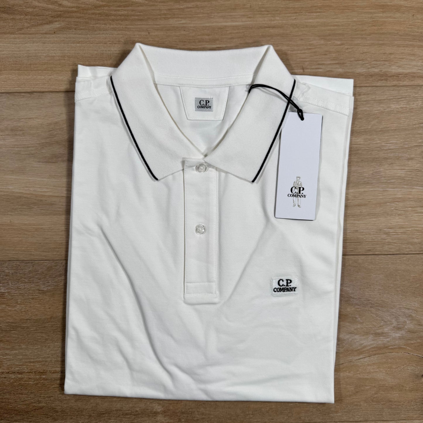 C.P. Company Stretch Piquet Striped Collar Polo Shirt in Gauze White