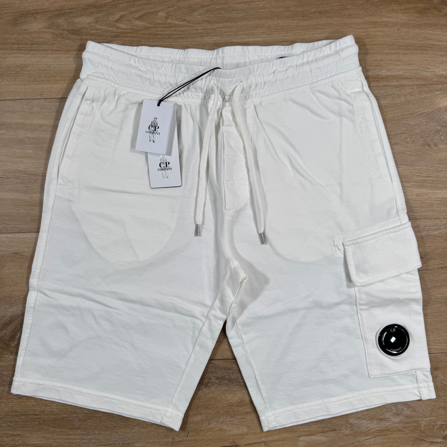 C.P. Company Light Fleece Cargo Lens Shorts in Gauze White