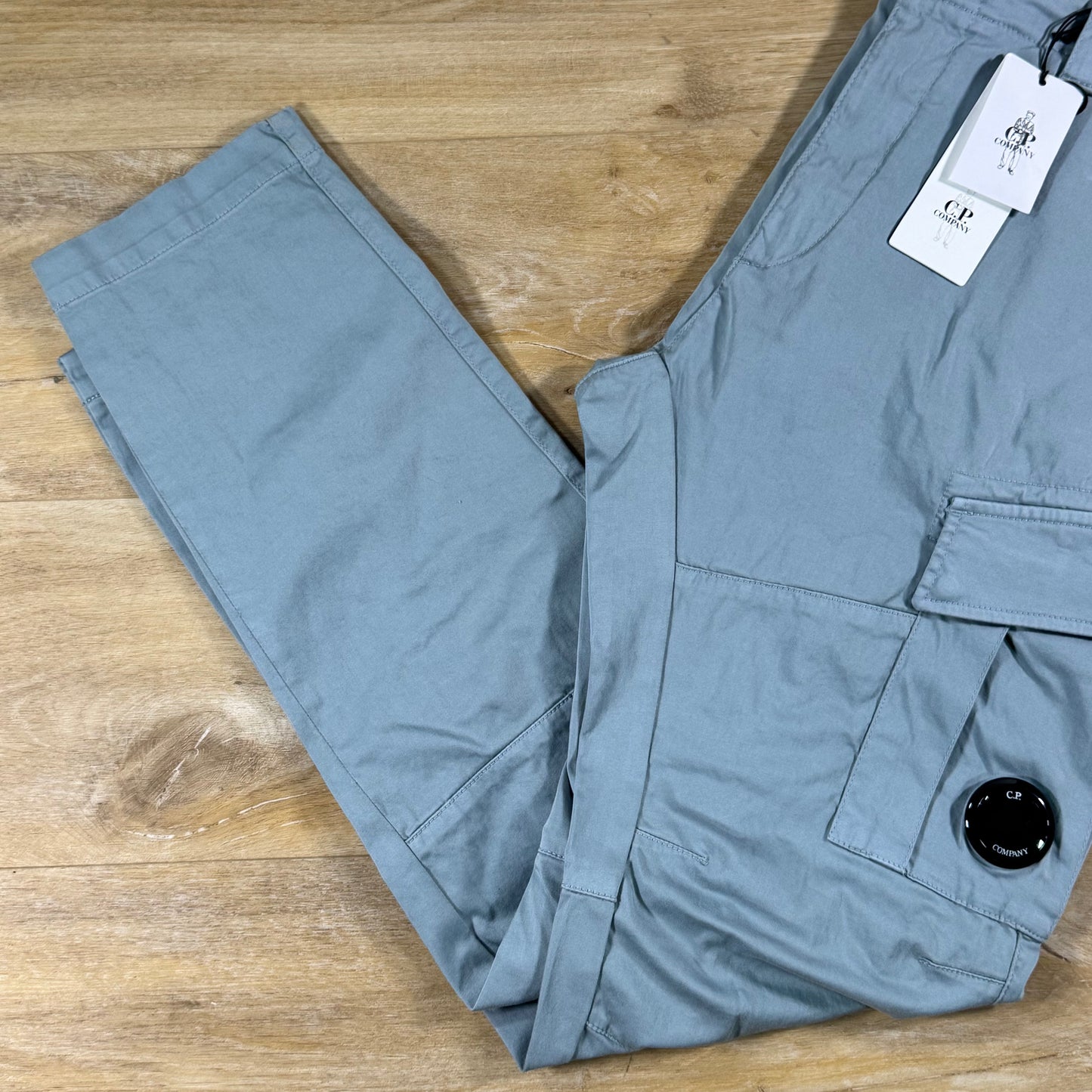 C.P. Company Stretch Sateen Ergonomic Lens Cargo Pants in Silver Blue