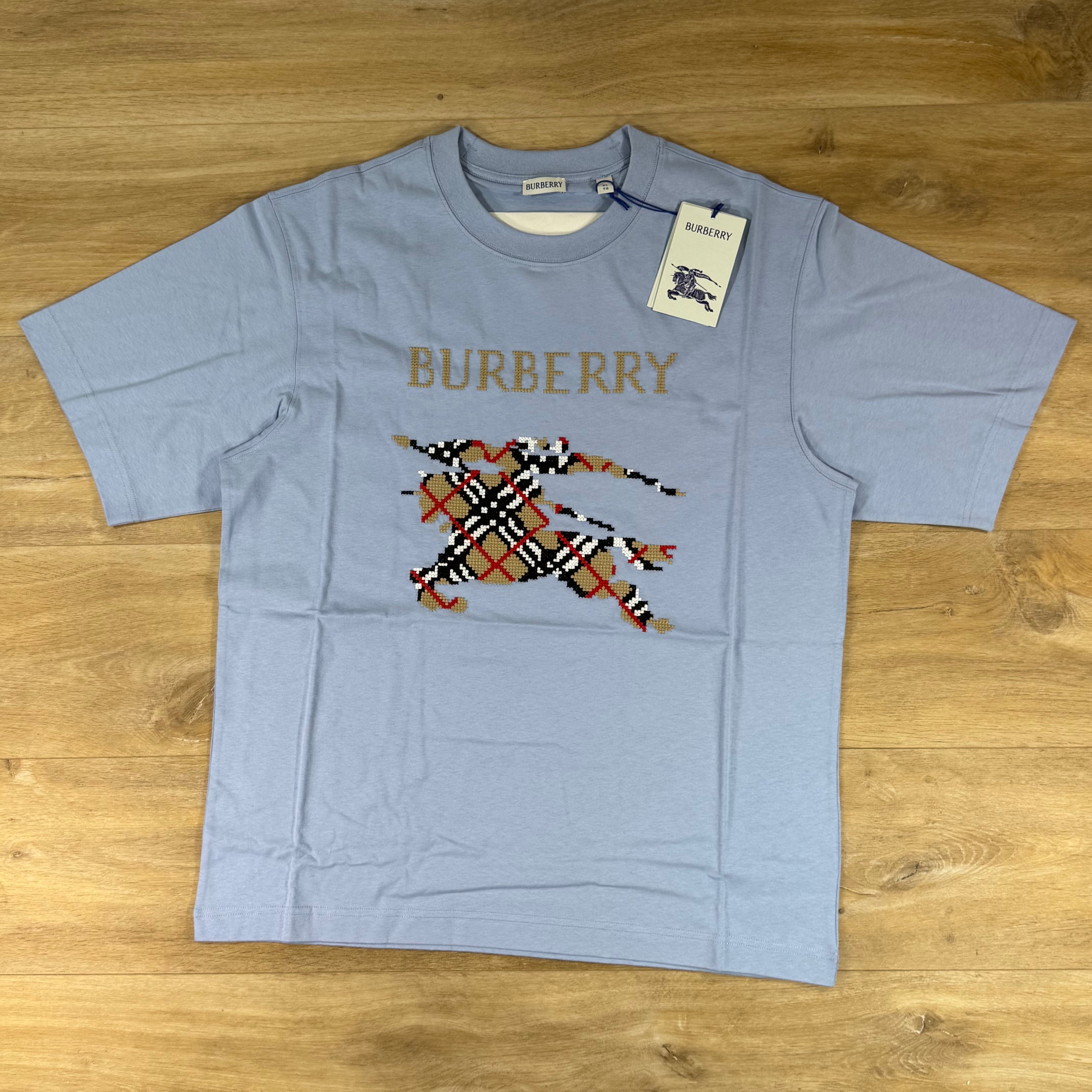 Burberry Cross Stitch Knight Cotton T-Shirt in Sunbleached Blue