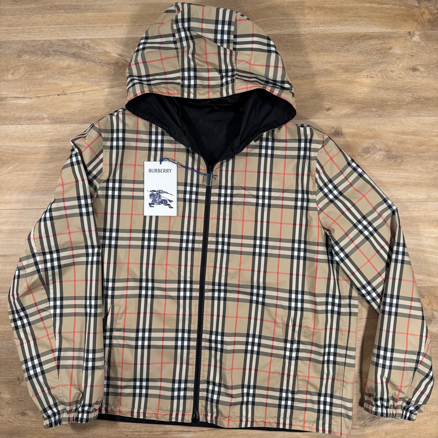 Burberry Reversible Check Hooded Jacket in Sand