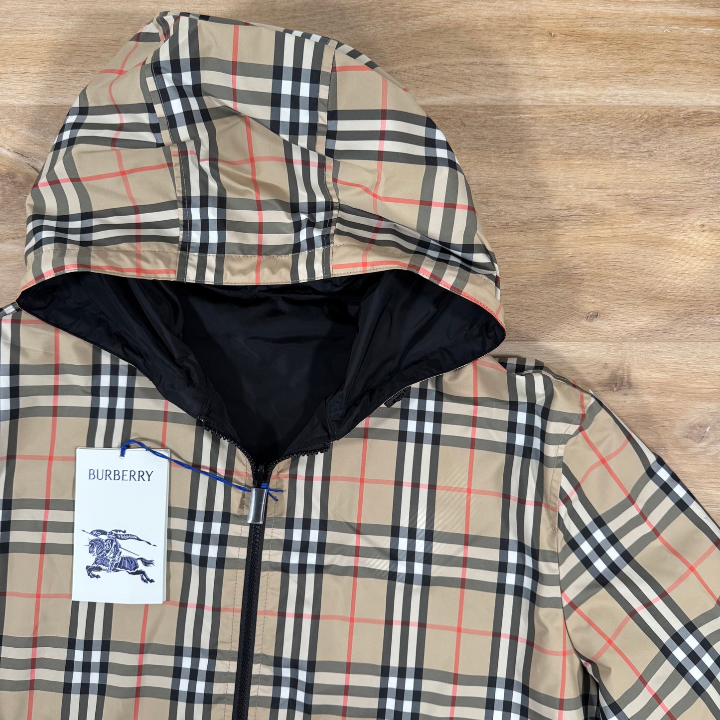 Burberry Reversible Check Hooded Jacket in Sand