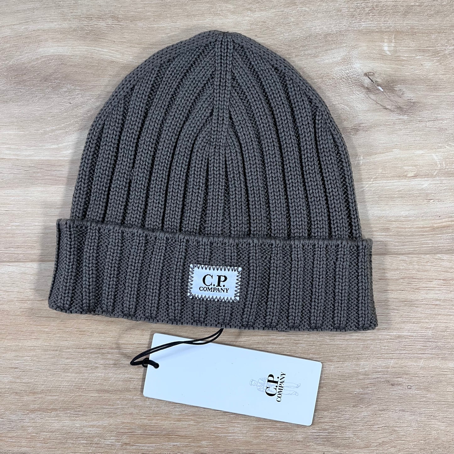 C.P. Company Extra Fine Merino Wool Logo Beanie in Walnut
