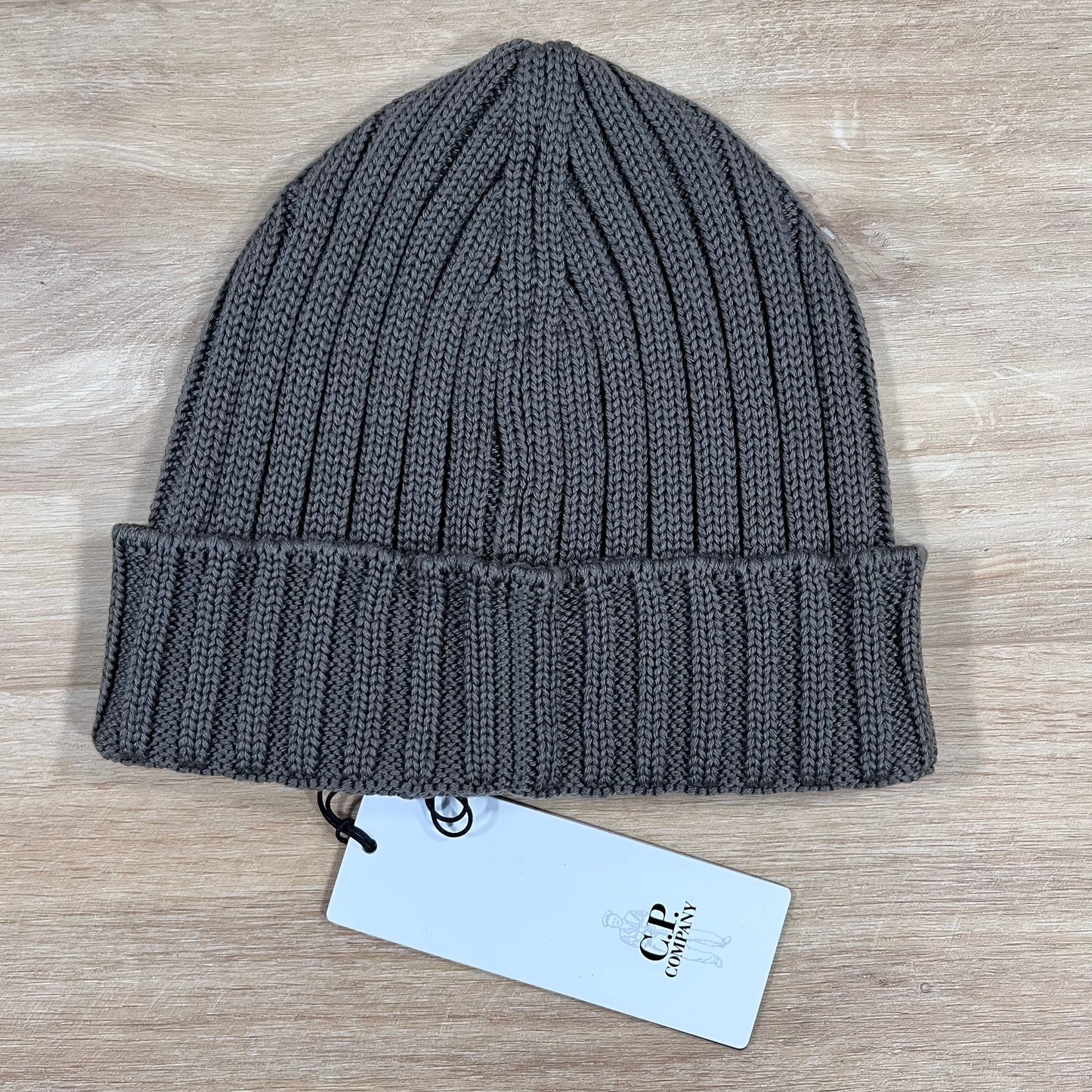 C.P. Company Extra Fine Merino Wool Logo Beanie in Walnut