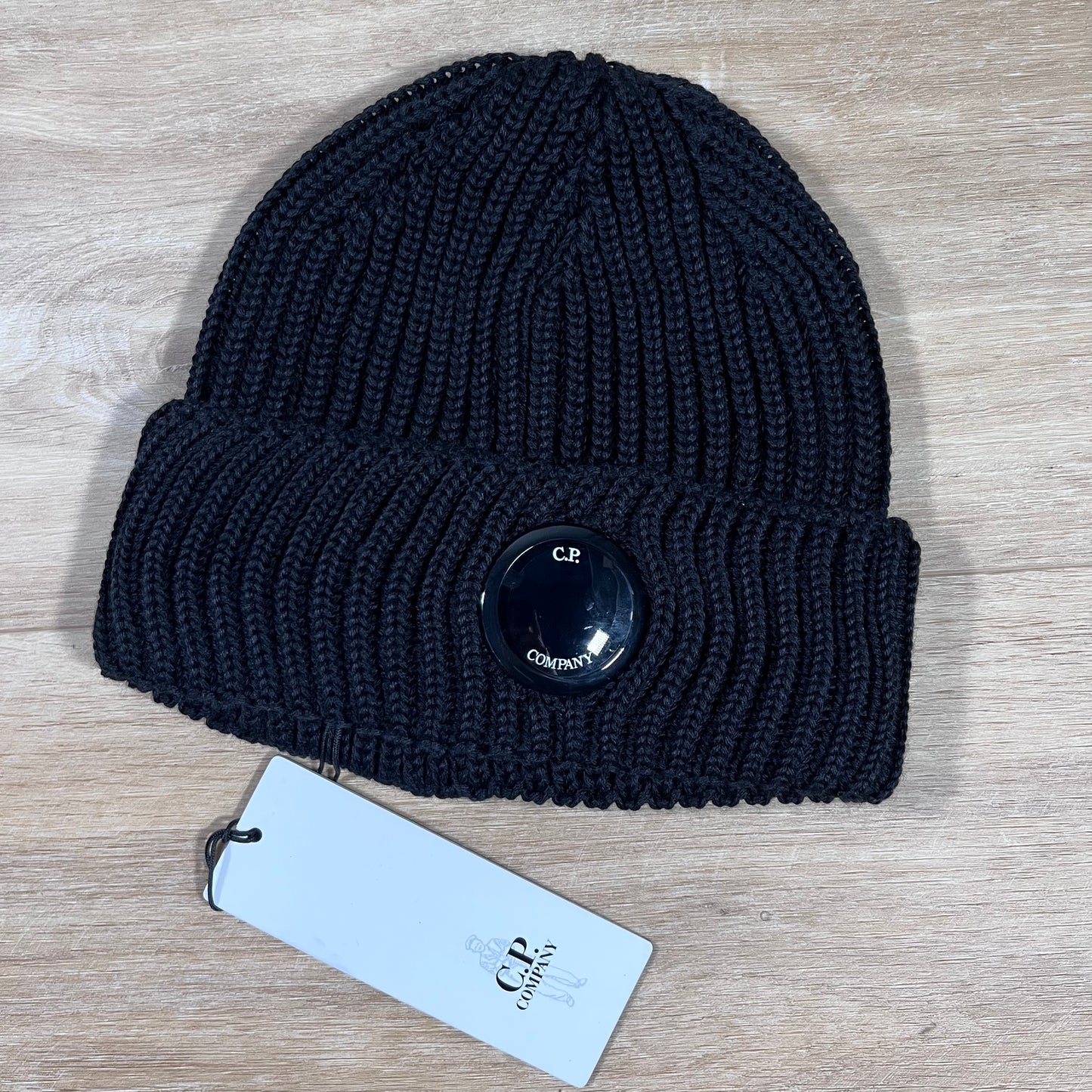 C.P. Company Extra Fine Merino Wool Lens Beanie in Black