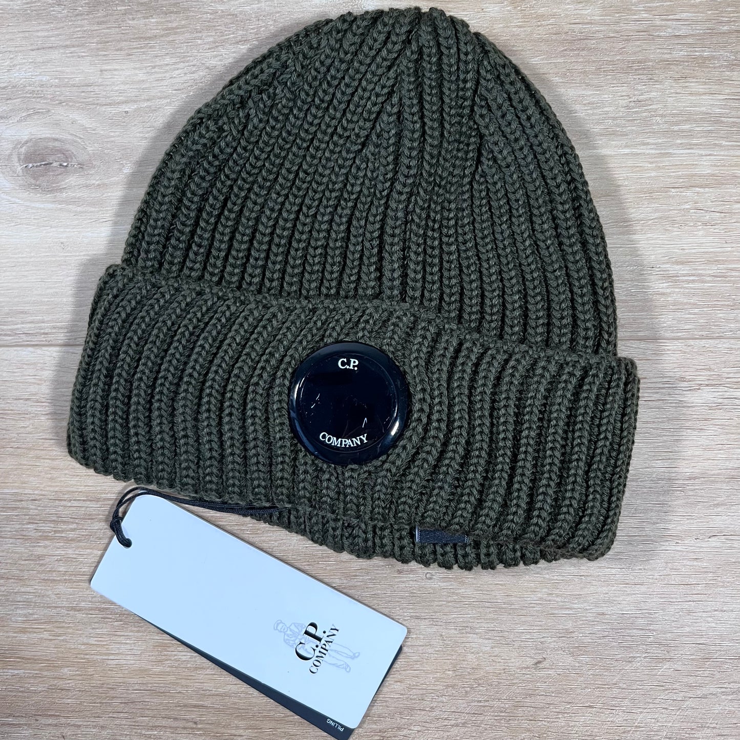 C.P. Company Extra Fine Merino Wool Lens Beanie in Ivy Green