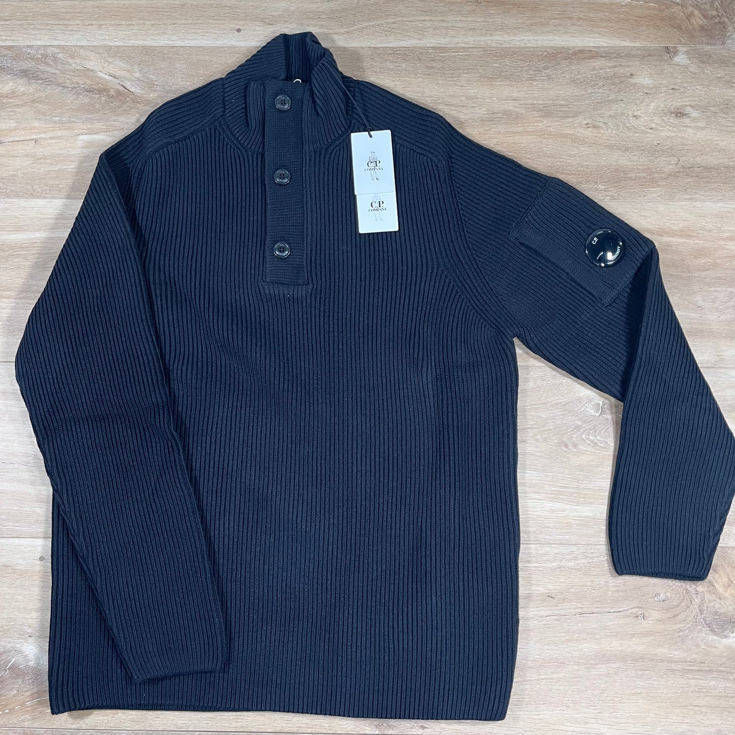C.P. Company Full Rib Half-Button Lens Sweater in Black