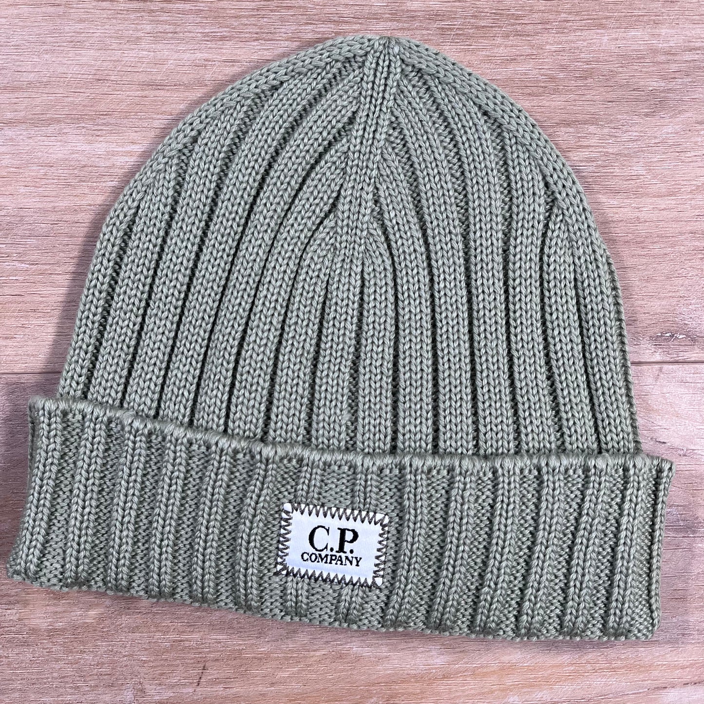 C.P. Company Extra Fine Merino Wool Logo Beanie in Green Tea