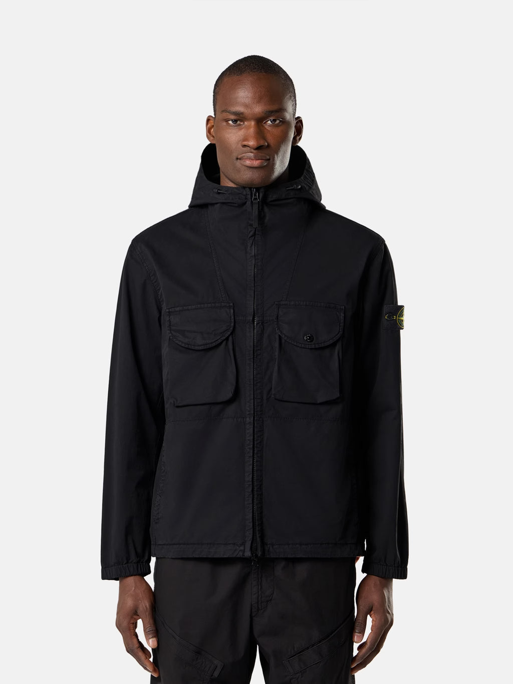 Stone Island Stretch Organic Cotton Twill Hooded Overshirt in Black