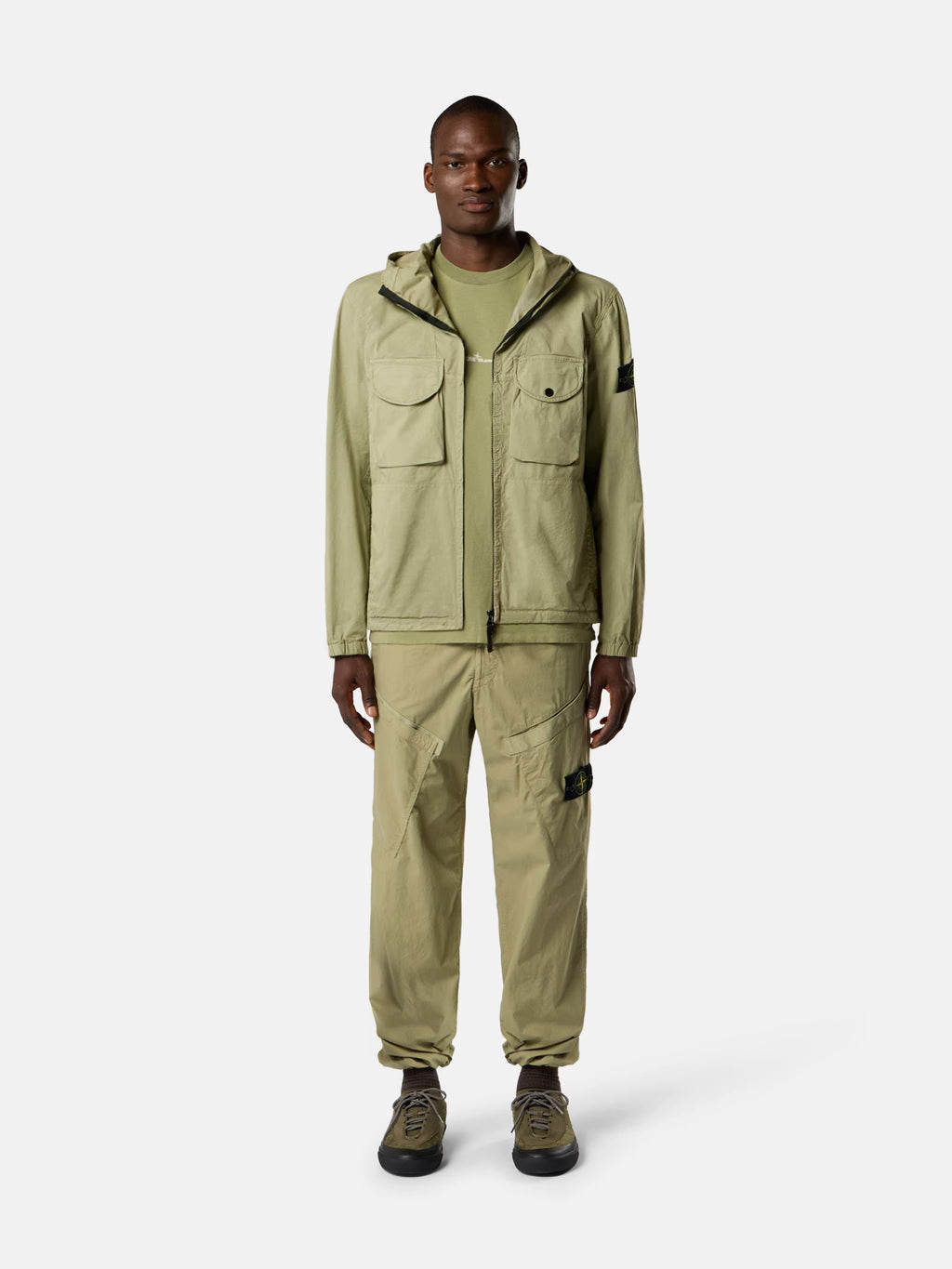 Stone Island Stretch Organic Cotton Twill Hooded Overshirt in Laurel Green