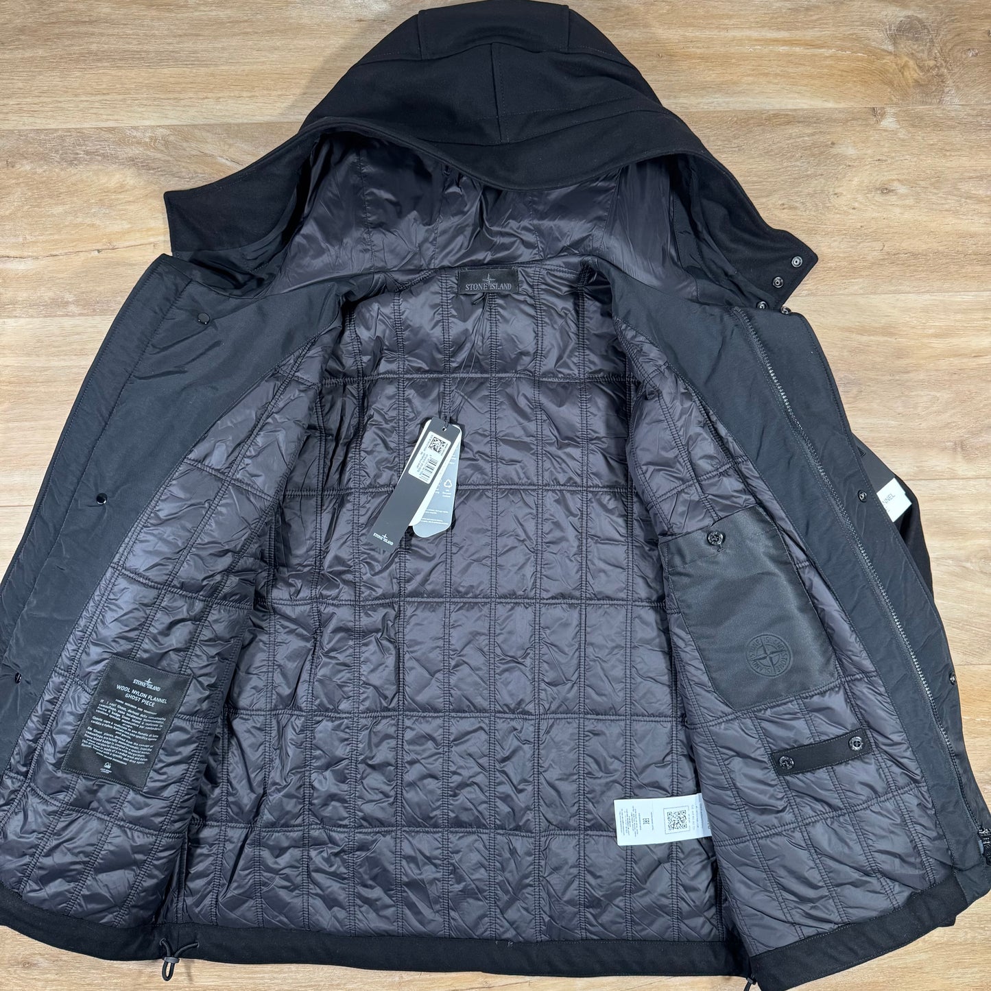 Stone Island Ghost Wool Nylon Flannel Parka in Black