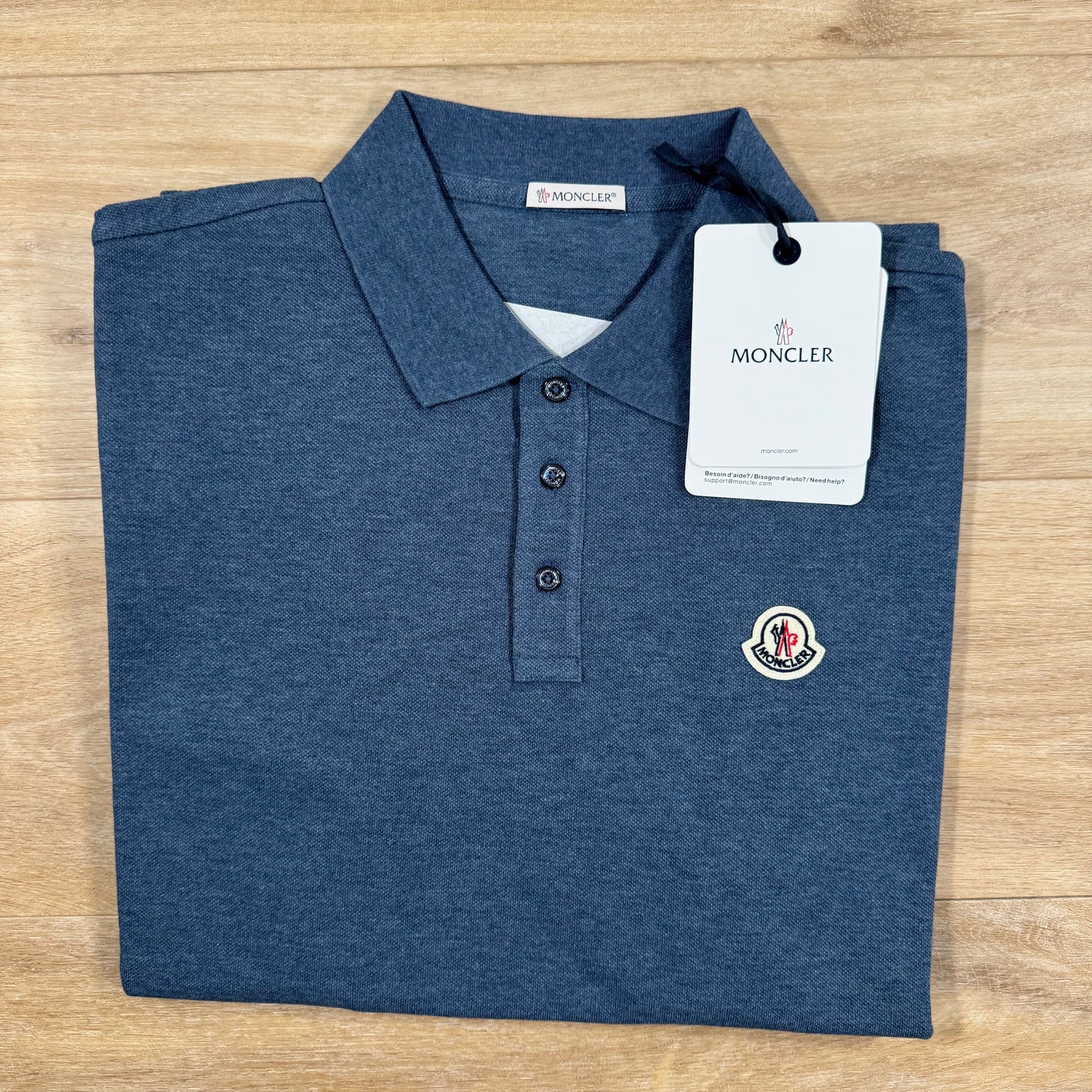 Moncler Striped Trim Cotton Piquet Polo Shirt in Dusty Blue