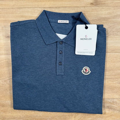 Moncler Striped Trim Cotton Piquet Polo Shirt in Dusty Blue