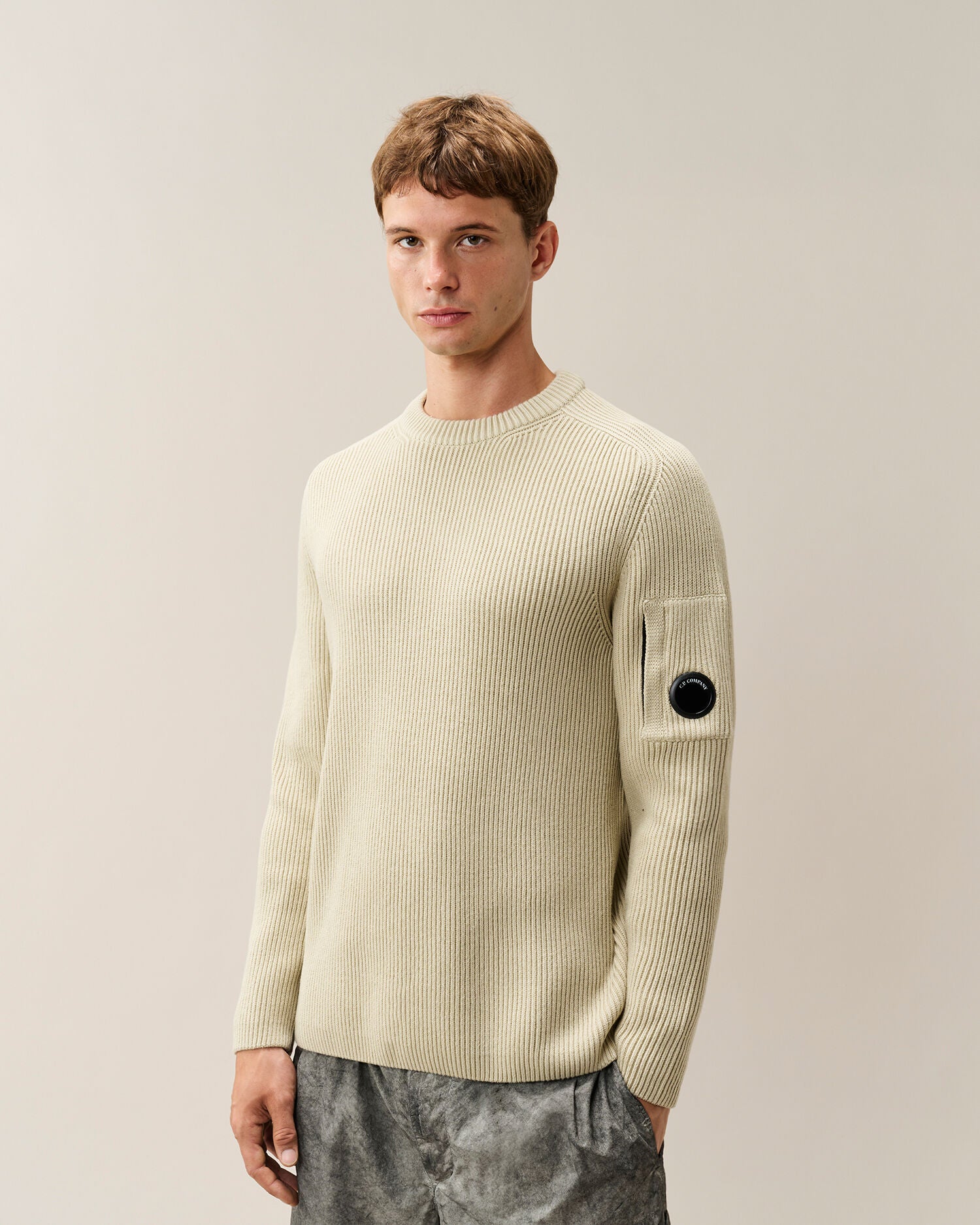 C.P. Company Full Rib Cotton Lens Crewneck Sweater in Silver Birch