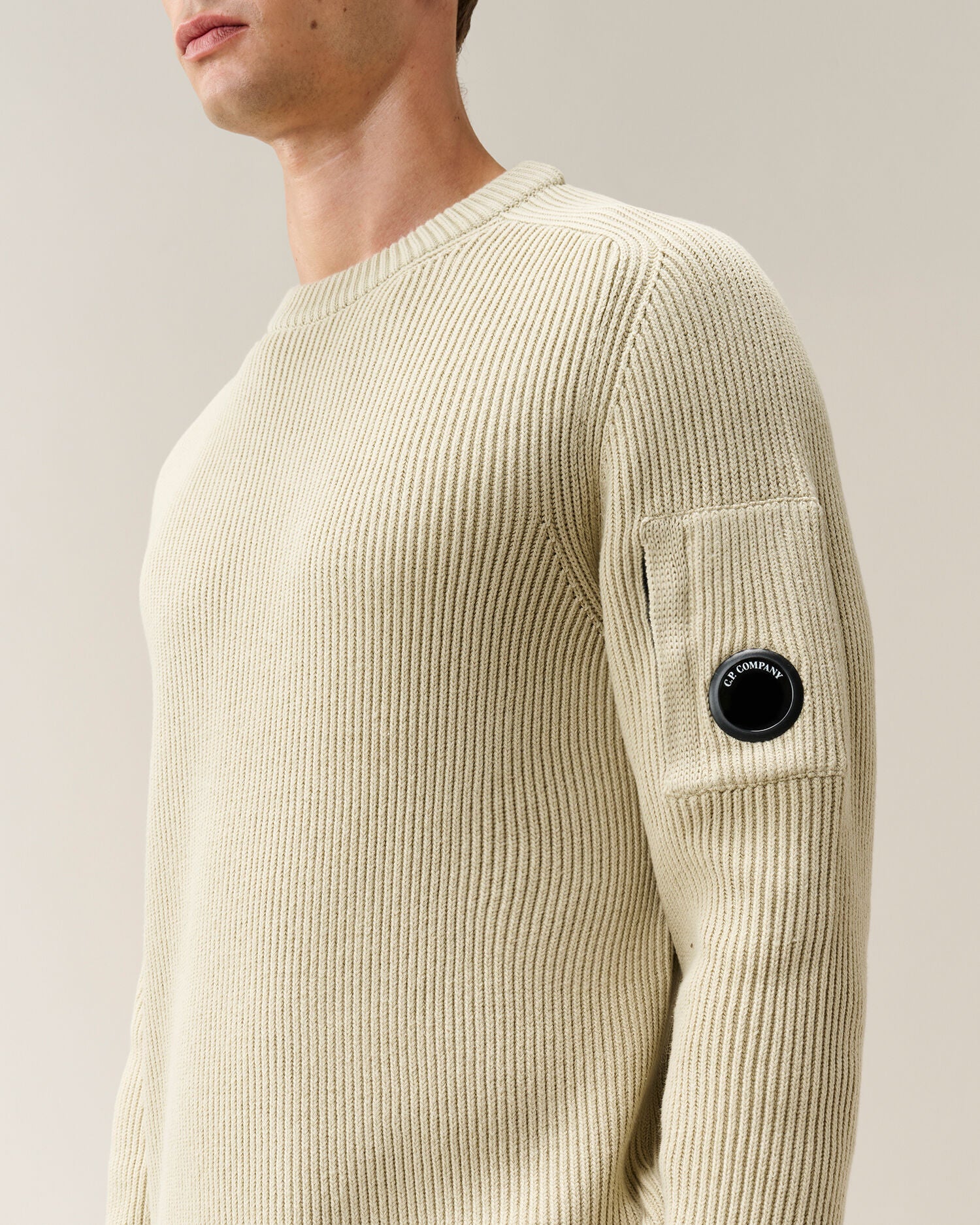 C.P. Company Full Rib Cotton Lens Crewneck Sweater in Silver Birch