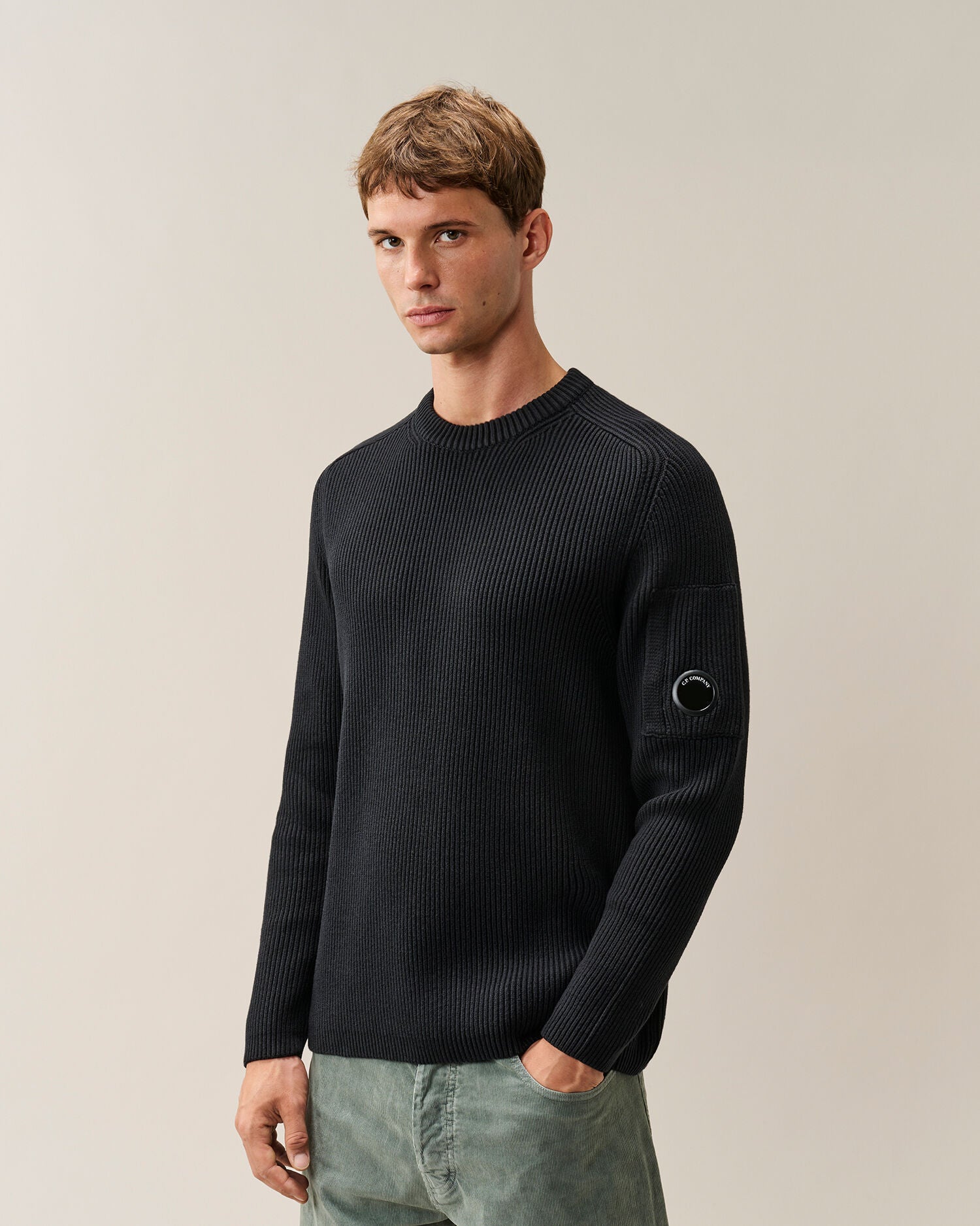 C.P. Company Full Rib Cotton Lens Crewneck Sweater in Black