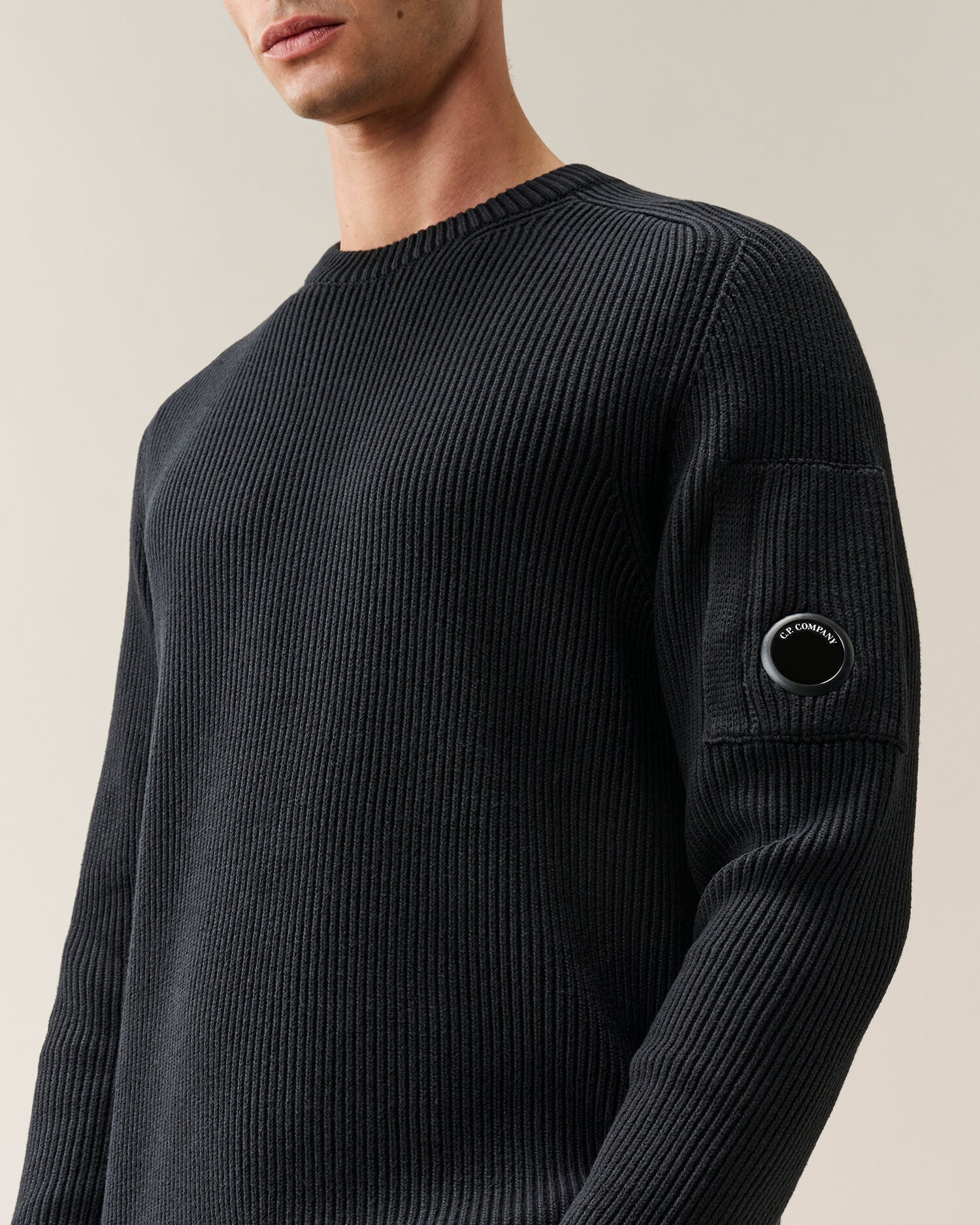 C.P. Company Full Rib Cotton Lens Crewneck Sweater in Black