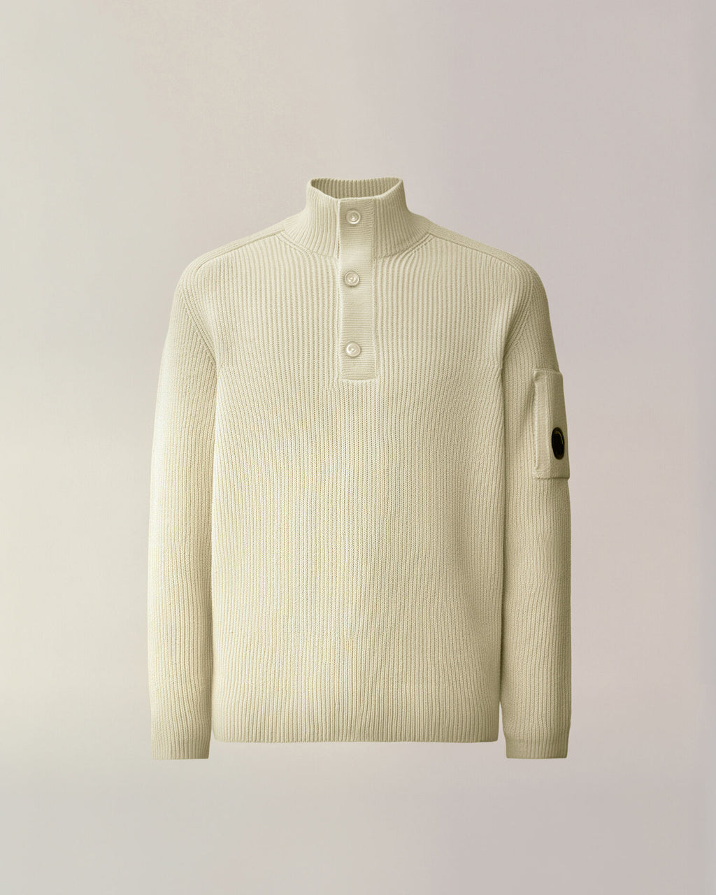 C.P. Company Full Rib Cotton Half Button Lens Sweater in Silver Birch