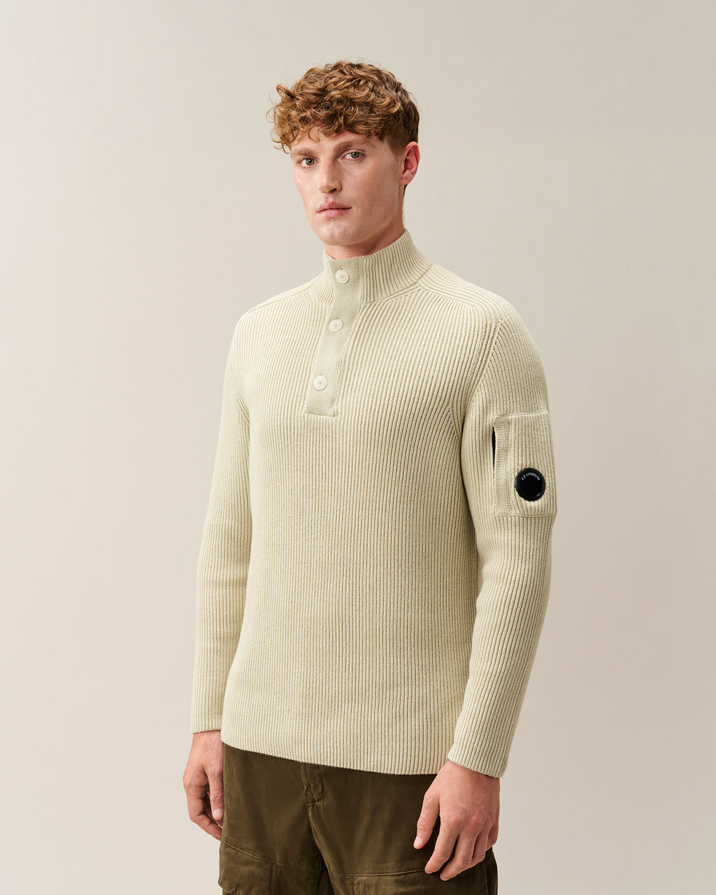 C.P. Company Full Rib Cotton Half Button Lens Sweater in Silver Birch