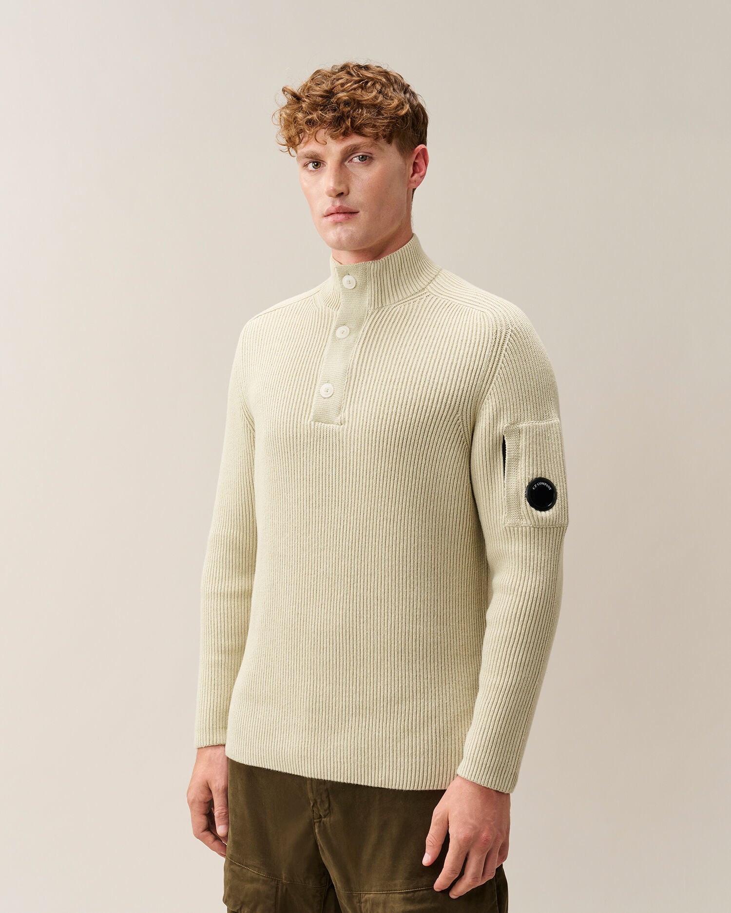 C.P. Company Full Rib Cotton Half Button Lens Sweater in Silver Birch