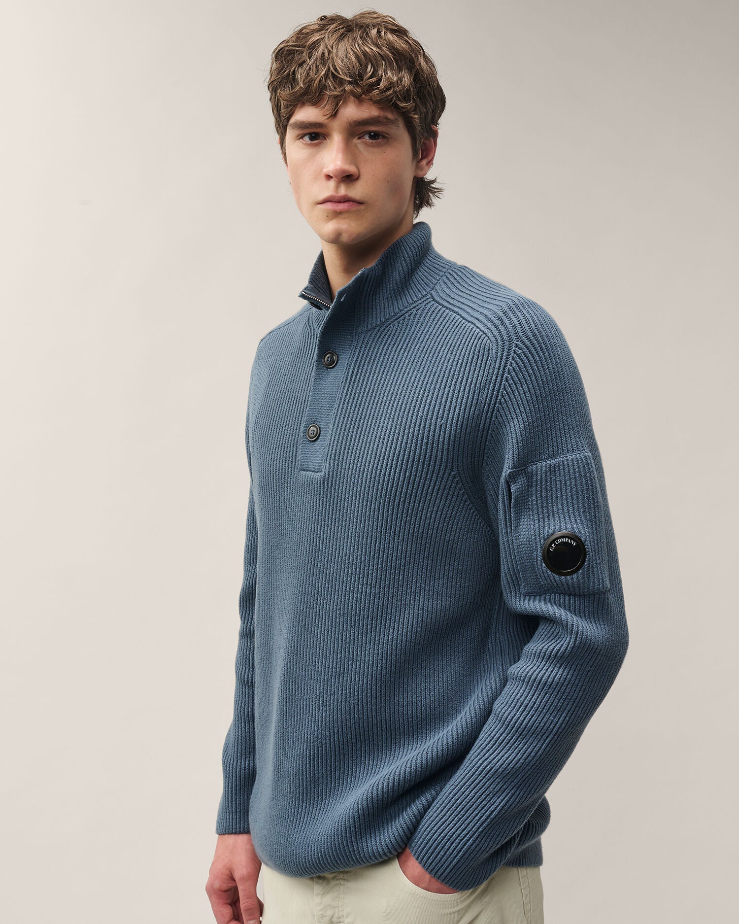 C.P. Company Full Rib Cotton Half Button Lens Sweater in Orion Blue