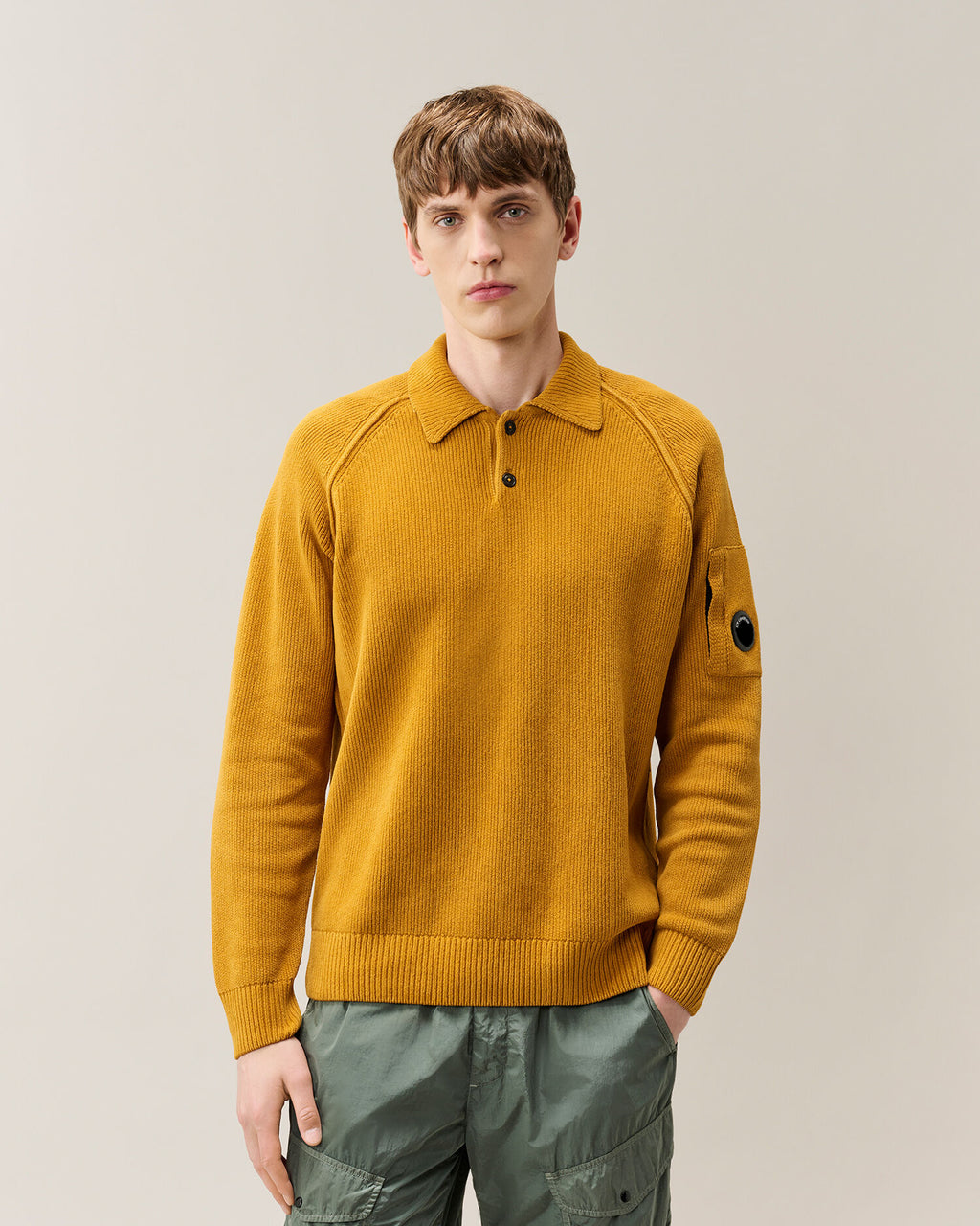 C.P. Company Chenille Cotton Lens Polo Sweater in Buck Thorn Brown