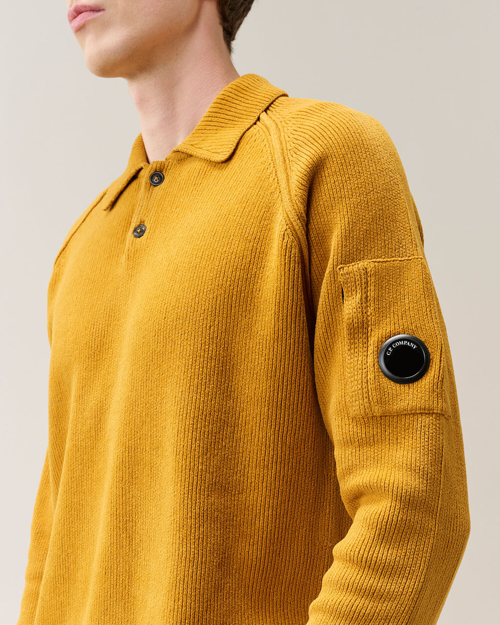 C.P. Company Chenille Cotton Lens Polo Sweater in Buck Thorn Brown