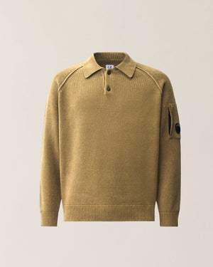 C.P. Company Chenille Cotton Lens Polo Sweater in Ermine - Beige