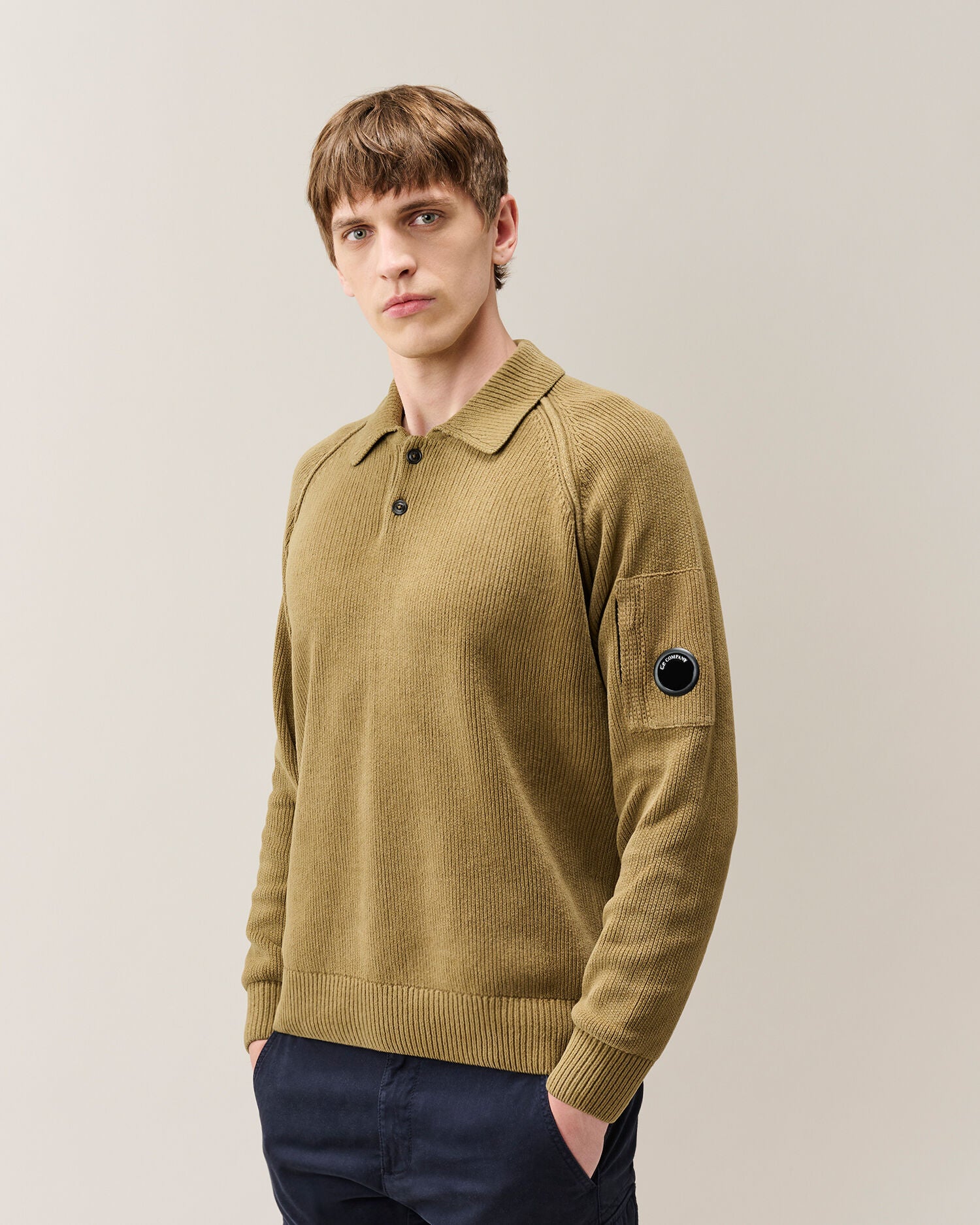 C.P. Company Chenille Cotton Lens Polo Sweater in Ermine - Beige