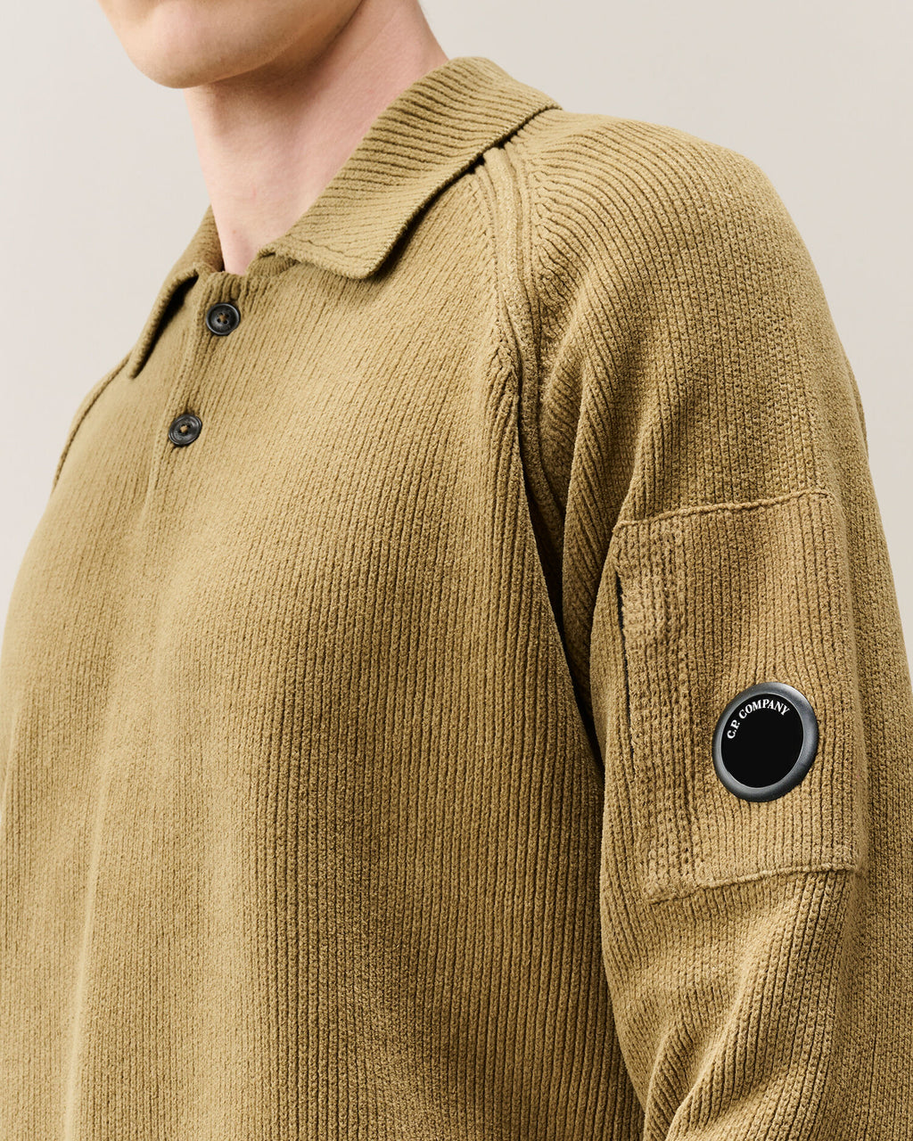 C.P. Company Chenille Cotton Lens Polo Sweater in Ermine - Beige