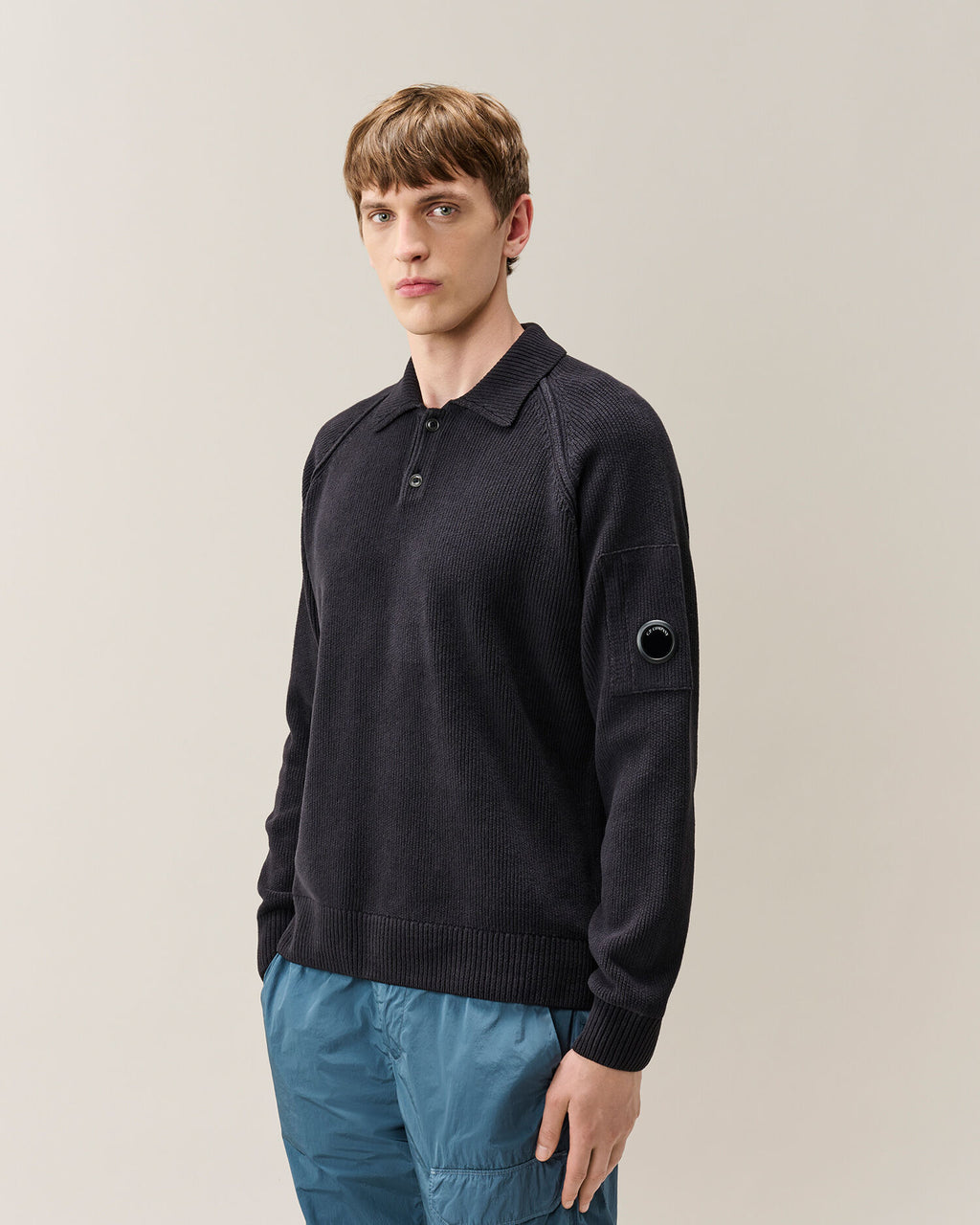 C.P. Company Chenille Cotton Lens Polo Sweater in Navy