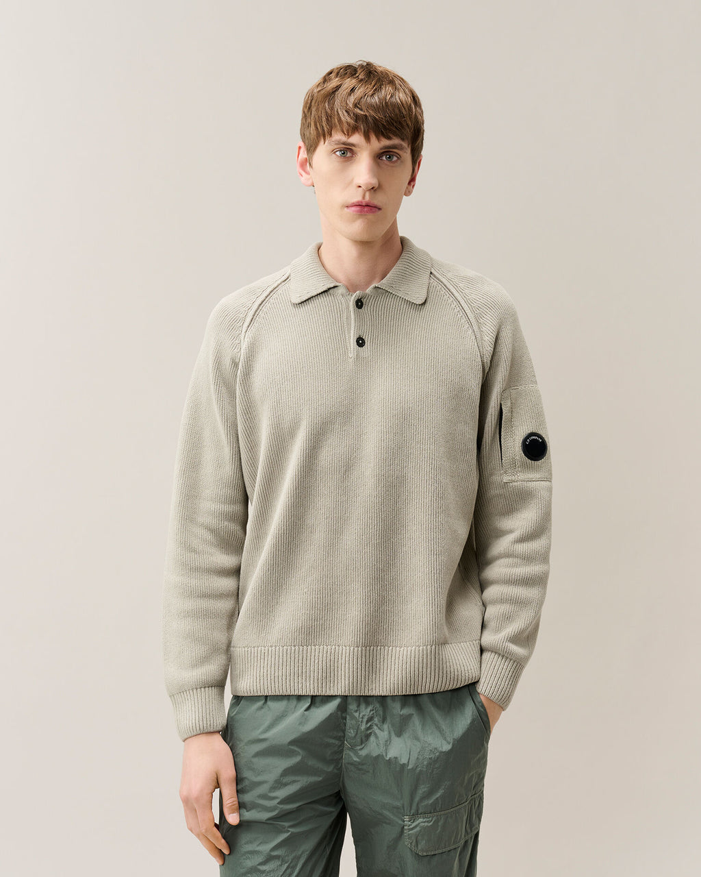 C.P. Company Chenille Cotton Lens Polo Sweater in Flint Grey
