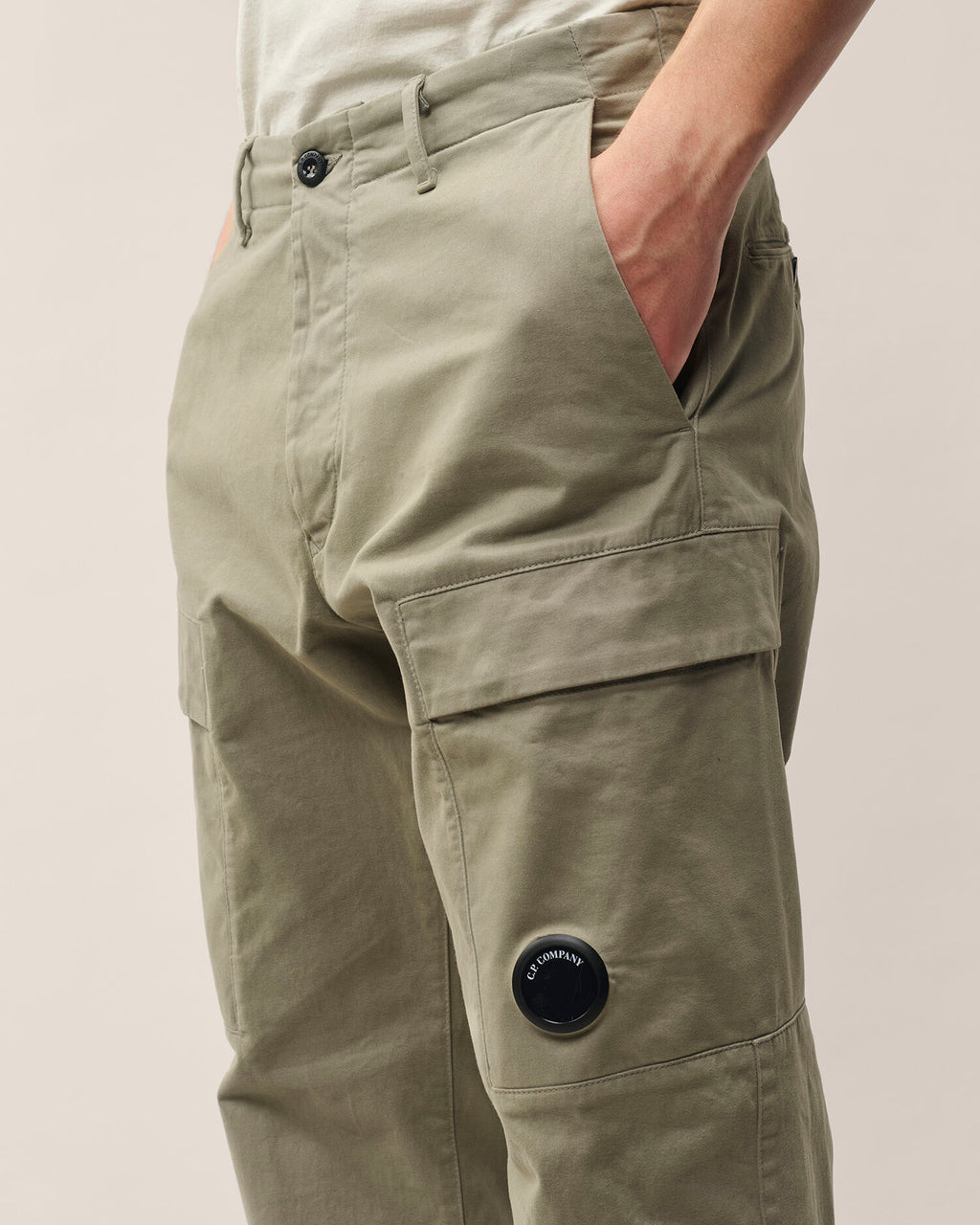 C.P. Company Stretch Sateen Lens Cargo Pants in Fallen Rock - Beige