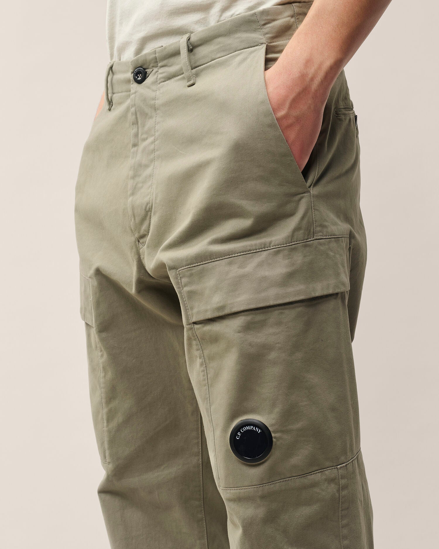 C.P. Company Stretch Sateen Lens Cargo Pants in Fallen Rock - Beige
