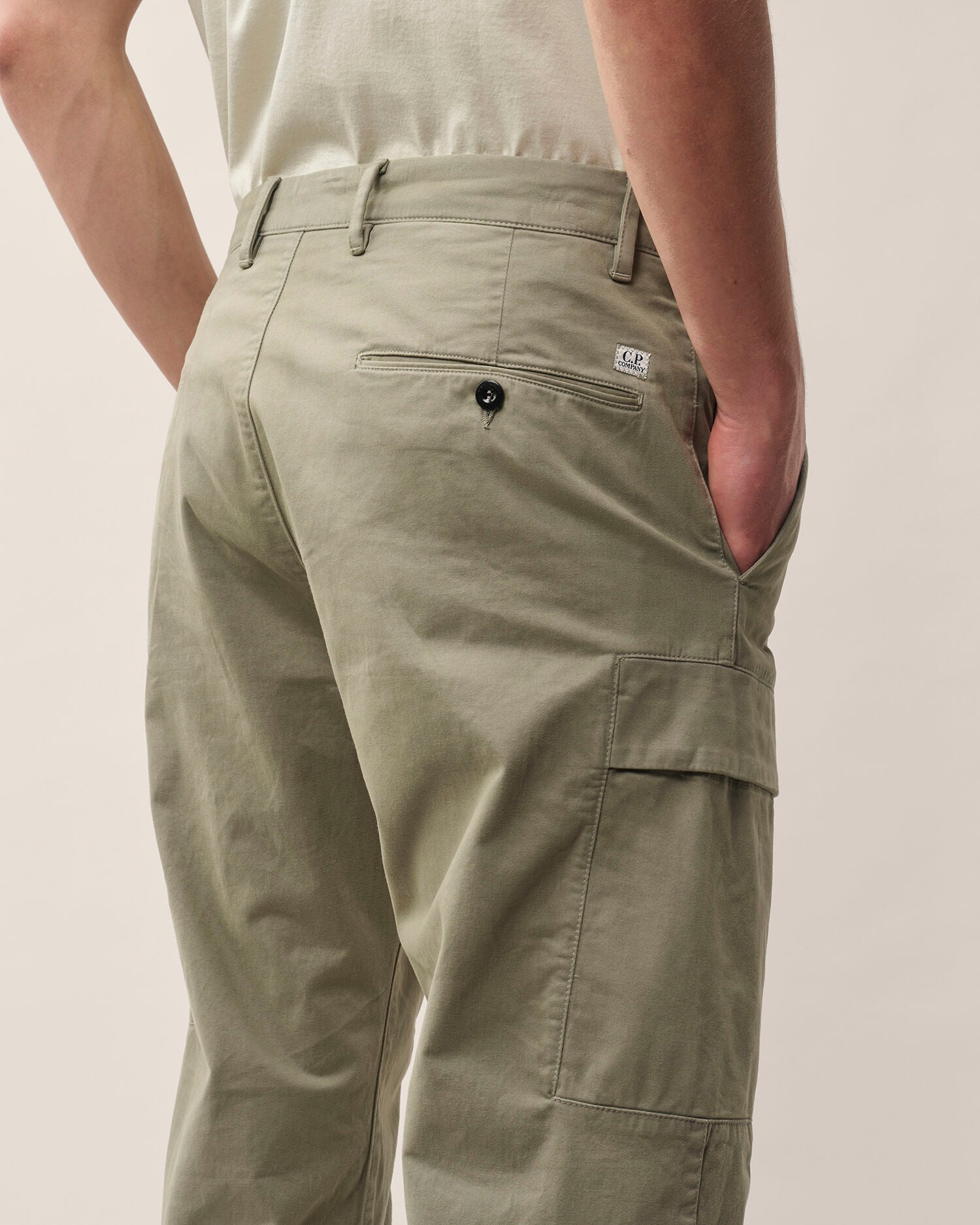 C.P. Company Stretch Sateen Lens Cargo Pants in Fallen Rock - Beige