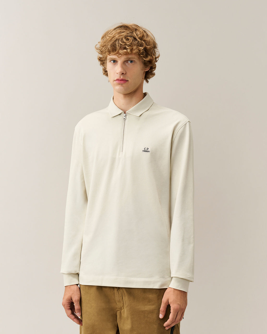 C.P. Company Stretch Piquet Long Sleeve Zip Polo in Silver Birch