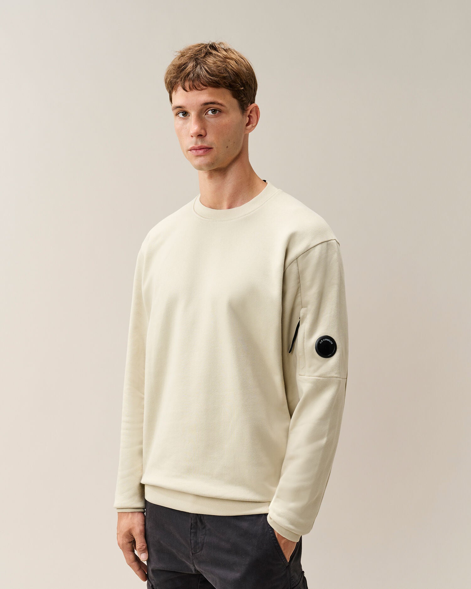 C.P. Company Diagonal Raised Fleece Crewneck Lens Sweatshirt in Silver Birch