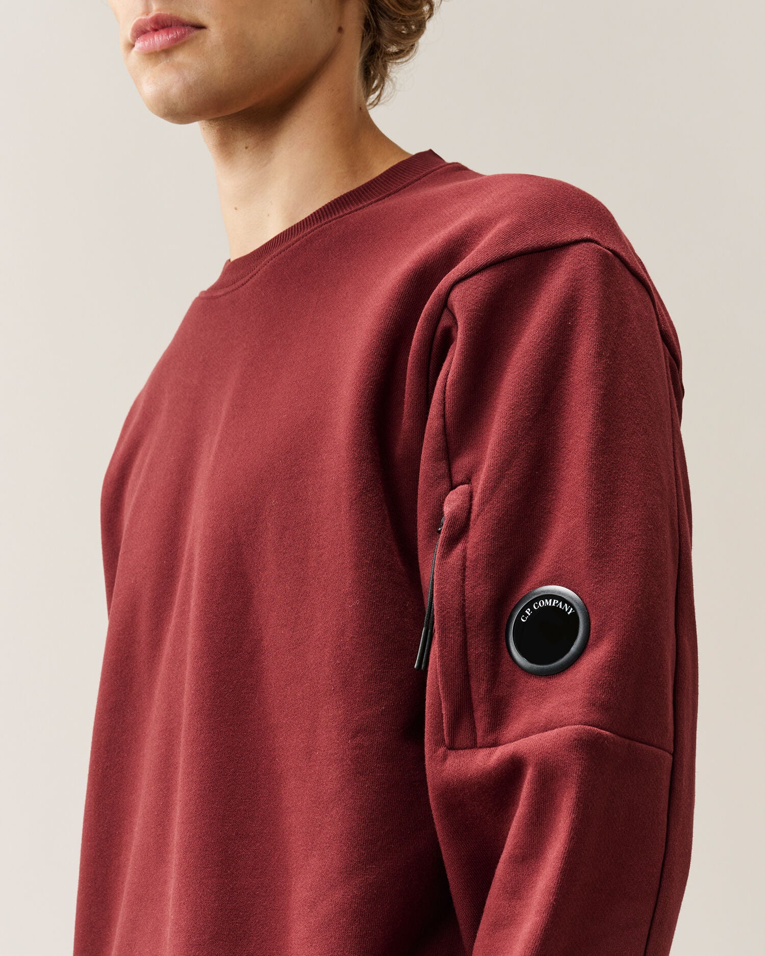 C.P. Company Diagonal Raised Fleece Crewneck Lens Sweatshirt in Andorra - Red