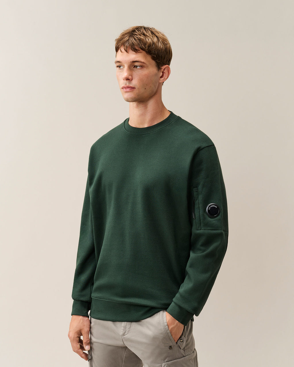 C.P. Company Diagonal Raised Fleece Crewneck Lens Sweatshirt in Ponderosa Pine - Green