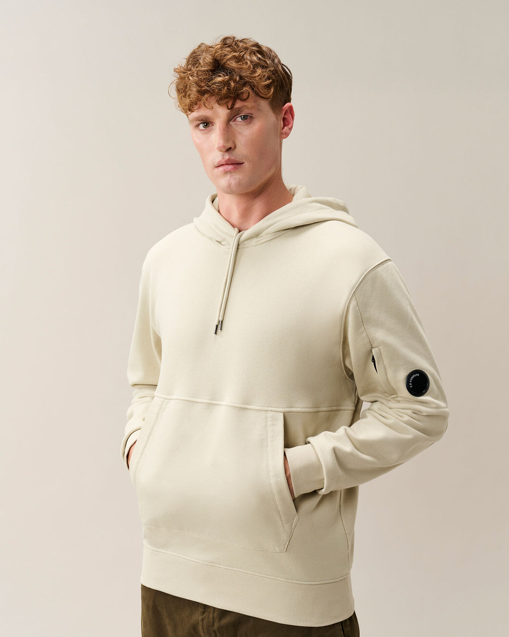 C.P. Company Diagonal Raised Fleece Lens Hoodie in Silver Birch