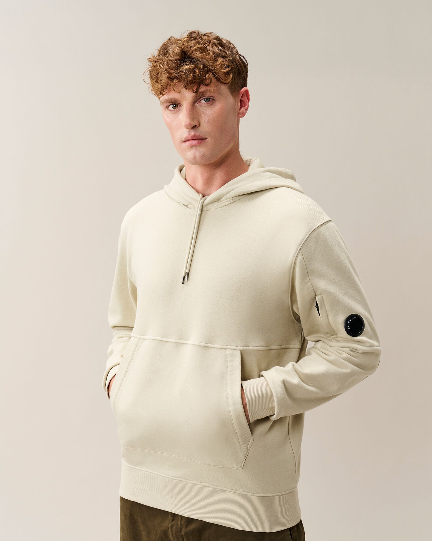 C.P. Company Diagonal Raised Fleece Lens Hoodie in Silver Birch